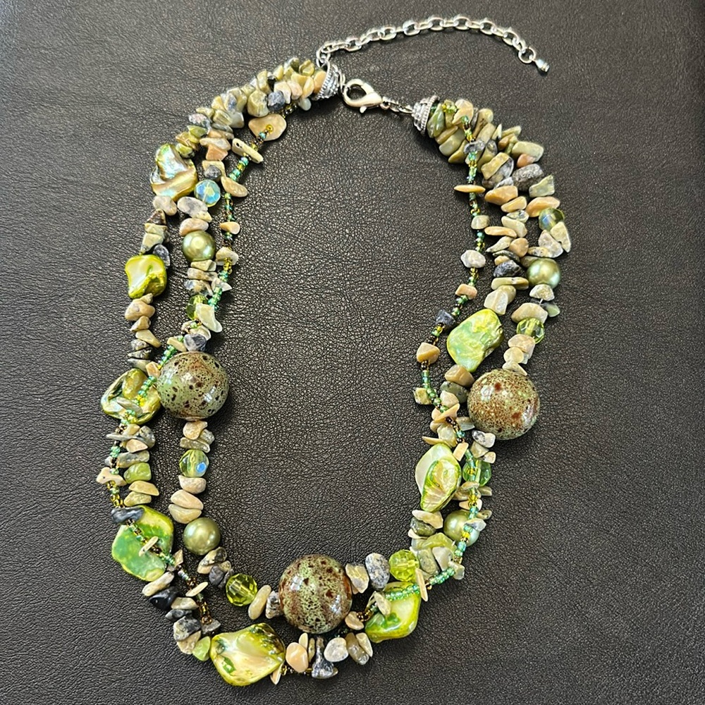 Serpentine, Ceramic, Shell & Sodalite 3 Strand Vintage Necklace